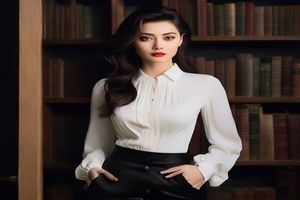 优雅知性黑丝美女写真，米白色宽松上衣搭配黑丝，书架背景，气质温婉