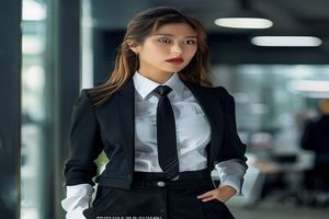 职场通勤黑丝美女写真，白衬衫搭配黑丝与西装裙，办公室背景，干练专业