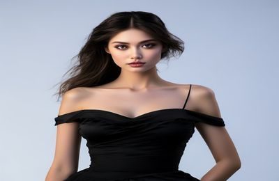 黑丝美女优雅写真，白色背景纯净简洁，黑丝与白色连衣裙搭配，光线明亮柔和