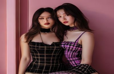 黑丝美女甜美写真，粉色调室内背景，黑丝与格子短裙搭配，少女感十足