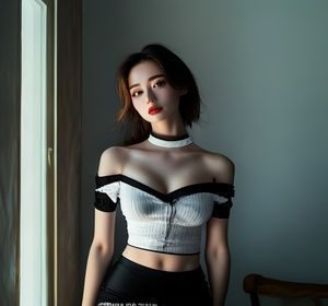 黑丝美女甜美风格写真，白色上衣搭配黑丝，背景为浅色系室内，清新氛围