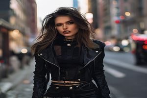 黑丝美女街头风格写真，酷飒皮衣搭配黑丝，城市街道背景，个性时髦
